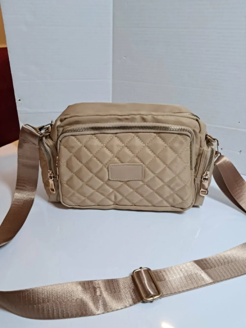 Beige Quilted Nylon Crossbody Shoulder Bag